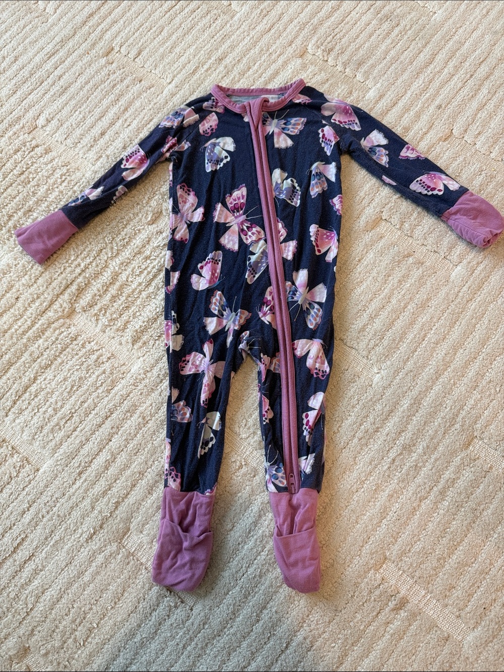 Little Sleepies Navy Footed One-Piece with Pink Butterfly Print